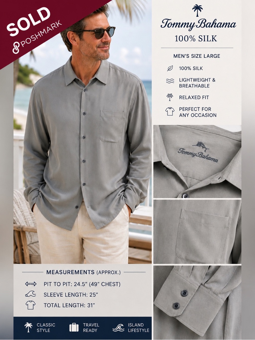 Tommy Bahama 100% Silk Button Front Shirt Mens L Gray Long Sleeve Camp Shirt